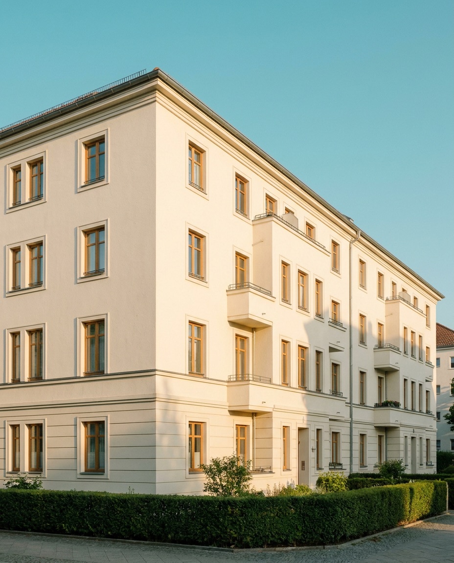 Gepflegte Mehrfamilien-Wohnfassade im warmen Morgenlicht